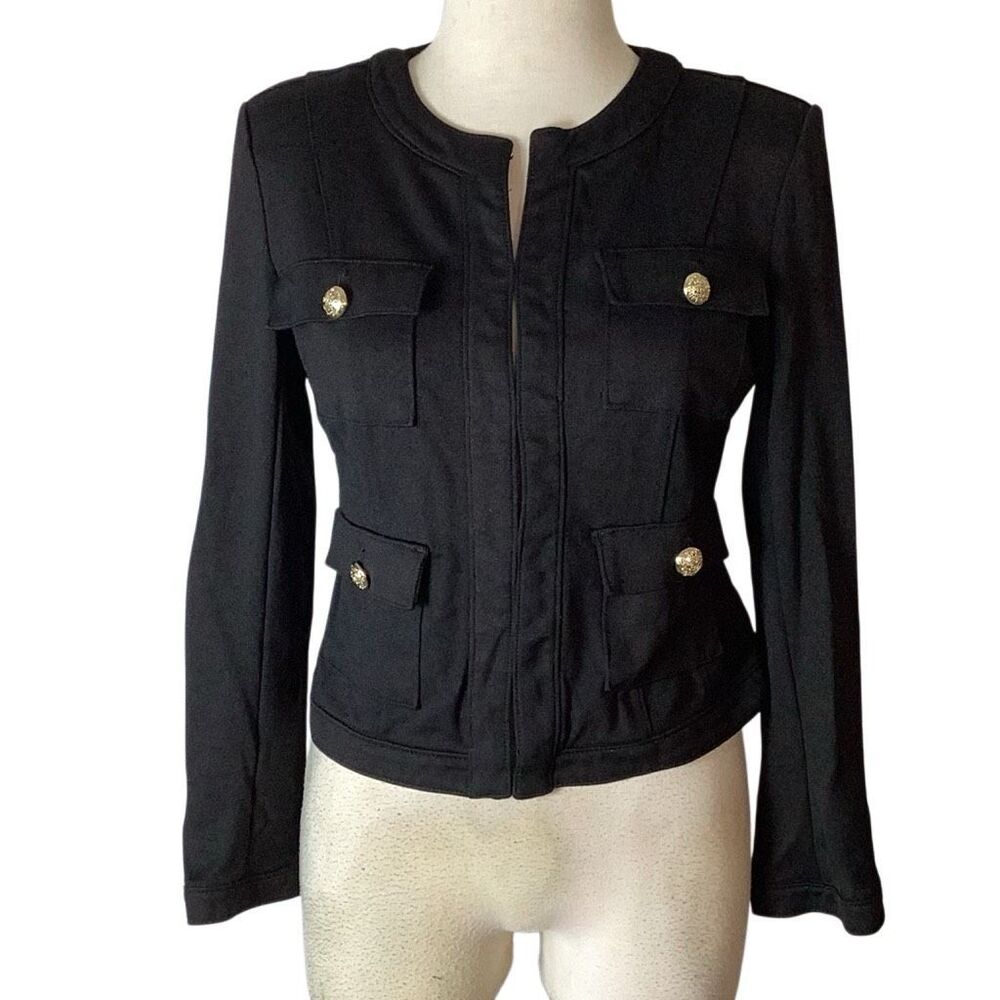 Carmen Marc Valvo Black Military Jacket Gold Buttons M Ponte Knit - Picture 2 of 10